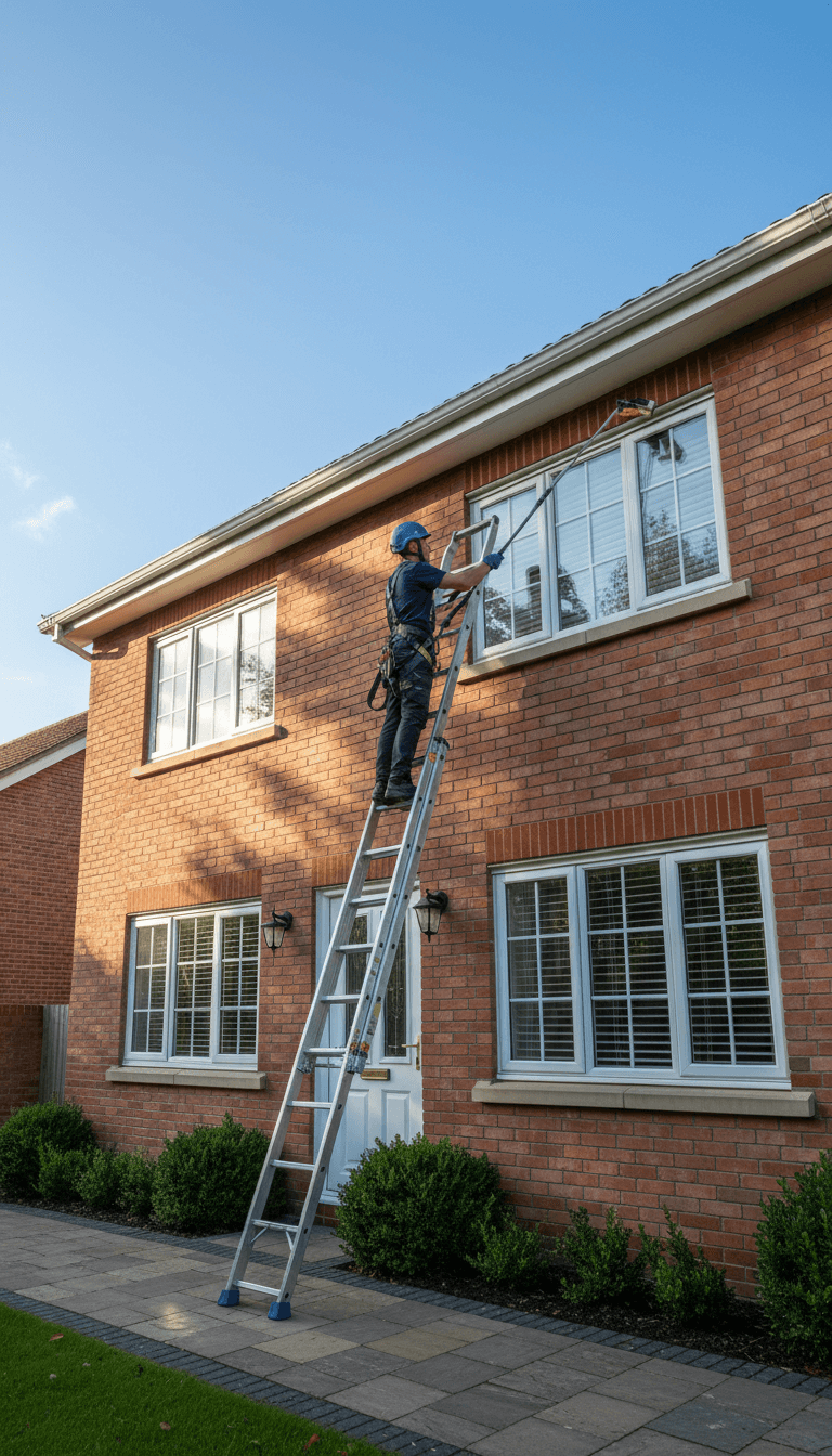 Professional gutter cleaner on a ladder clearing leaves from a home's gutter in St. Catharines