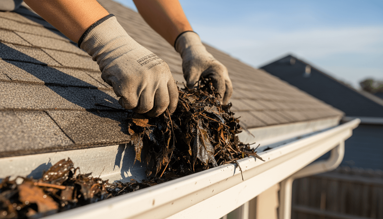 Professional gutter technician cleaning a residential gutter